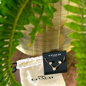 Coach Halo Tea Gold Rose Pendant Necklace & Stud Earrings with Coach Dust Bag